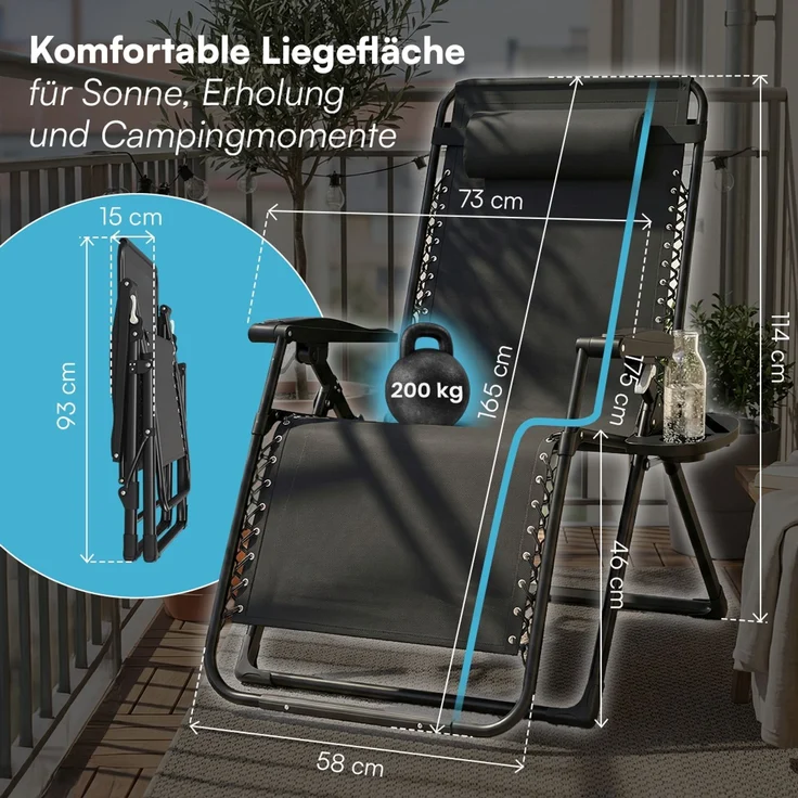 STEELSØN 'Lysira' Liegestuhl, klappbar & wetterfest, schwarz, Sonnenliege mit extra dicker Polsterauflage, verstellbarer Gartenstuhl, bis 200 kg belastbar – Bild 9