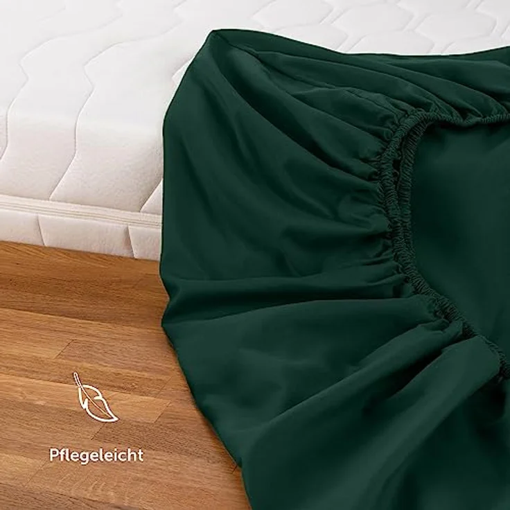 Blumtal® 2er Set Spannbettlaken 135x190x30cm aus Microfaser - Oekotex zertifiziertes Bettlaken Spannbettlaken in Dunkelgrün – Bild 5