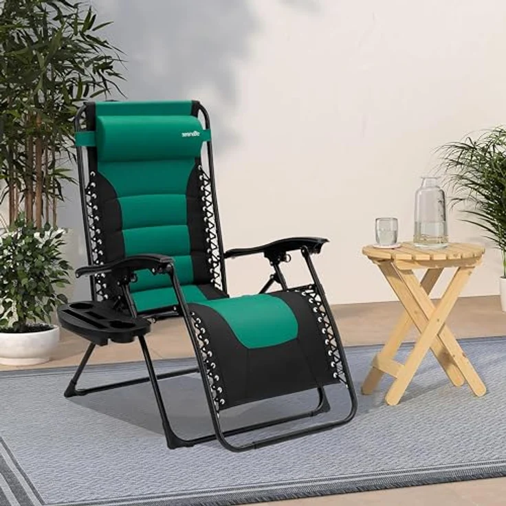 SereneLife Gartenliege, Liegestuhl, Sonnenliege klappbar mit Stufenlos verstellbare Positionen, Kopfstütze & Getränk & Handyhalter, Liegestuhl Garten, Relaxliege aus rostfrei Stahlramen, Grün – Bild 3