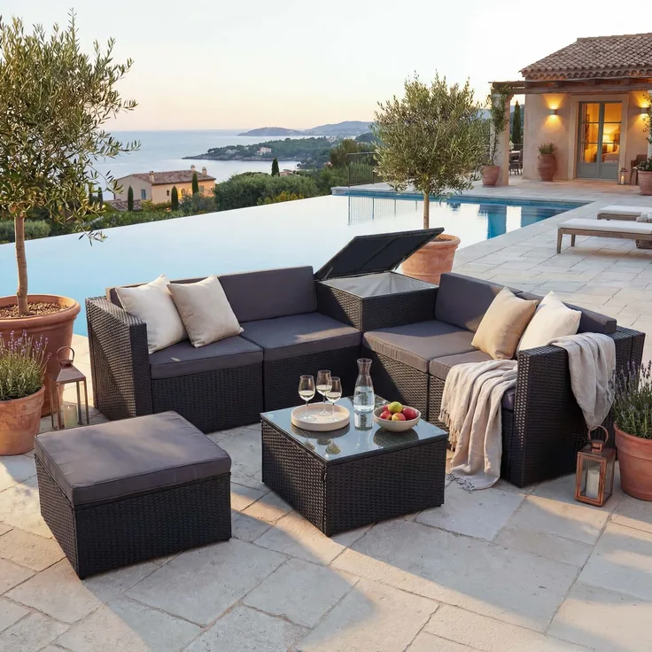 Poly-Rattan-Garnitur HWC-D21, Balkon-/Garten-/Lounge-Set Sofa Sitzgruppe, Box Staufach ~ anthrazit, Kissen dunkelgrau