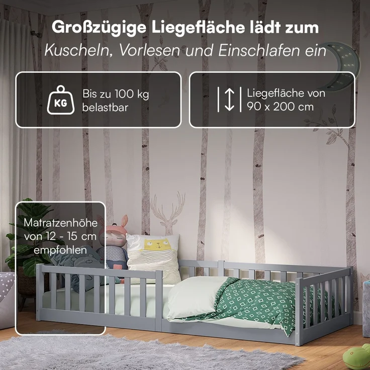 Bellabino 'Vere' Bodenbett 90x200 cm mit Matratze, grau, Massivholz Kiefer, Montessori Kinderbett mit Rausfallschutz und Lattenrost – Bild 5