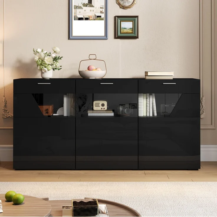 DESVIAE Sideboard Schwarz aus Spanplatte – 160x78x38 cm – 3 Türen, LED-Beleuchtung – Bild 3