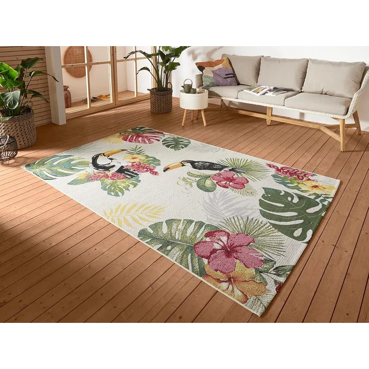 Hanse Home Tropical Dream In- & Outdoor Teppich – Flachgewebe Tropical Jungel Florales Palmen Design, ÖKO-TEX Wetterfest & UV-beständig für Balkon, Terrasse, Garten – Creme Multifarben, 200x285 cm