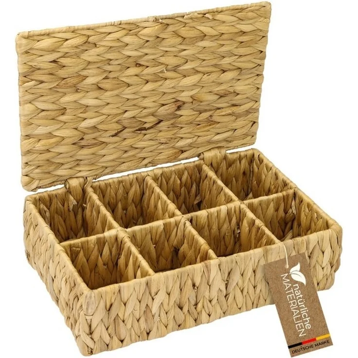 HMF Teebox Teebox für Teebeutel geflochten aus Wasserhyazinthe, Wasserhyazinthe, Tee Aufbewahrungsbox mit 8 großen Fächern, 33 x 21 x 10 cm – Bild 4