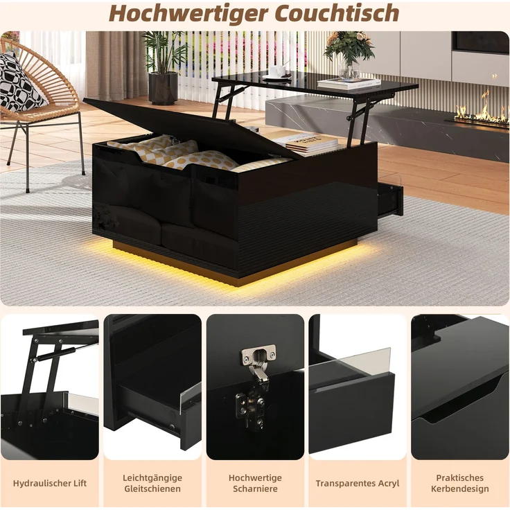 Couchtisch mit Liftfunktion und LED, quadratischer Wohnzimmertisch 70 x 70 x 38 cm, schwarz Hochglanz, Acryl-Perspektivdesign – Bild 8