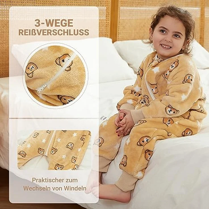XQ&XG Baby Schlafsack mit Füßen 2.0 Tog,Babyschlafsack mit langen Ärmeln,Schlafsack Kinder mit Beinen für mädchen und Junge,Braun Bär,110 – Bild 5