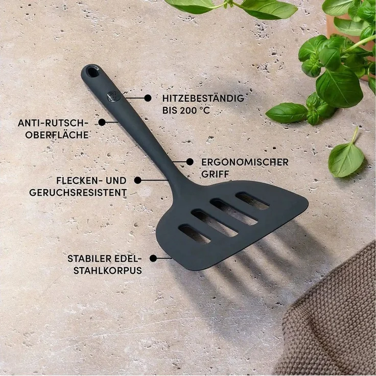 Hoffmann Germany Pfannenwender XXL Küchenhelfer Silikon Edelstahl 30 cm anthrazit, Edelstahlkern, extra breite Fläche 13 cm, 200°C, spülmaschinenfest – Bild 3