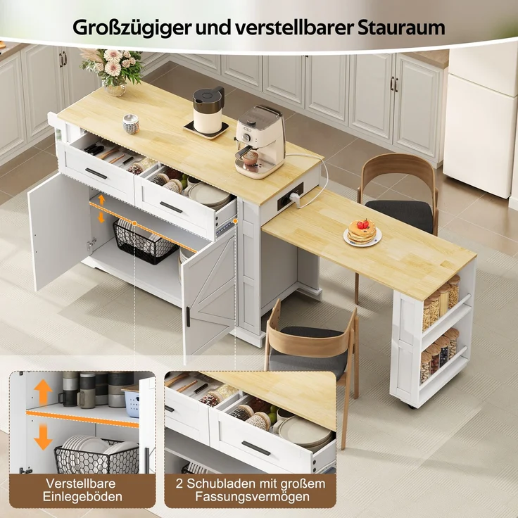 EINHOM Kücheninsel mit Ausziehbarer Arbeitsplatte, Küchenwagen 120 x 50 x 93 cm mit Steckdosenleiste, 2 Schubladen, Doppeltür-Schrank, Verstellbarem Einlegeboden, Handtuchhalter&7 Rollen, Weiß/Eiche – Bild 5