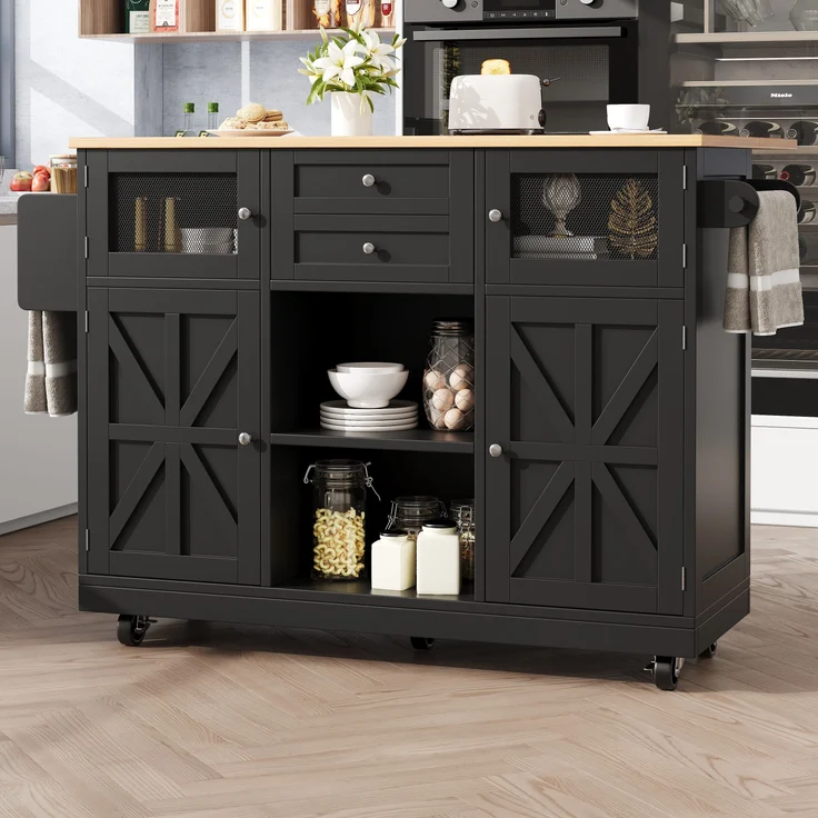 Ess- und Servierwagen 140×70 cm Schwarz, ausziehbar, klappbare Seitenwände, 360° Drehfunktion, Metallgriffe, geräumige Schublade, 93.5cmx140cmx40-70cm – Bild 3