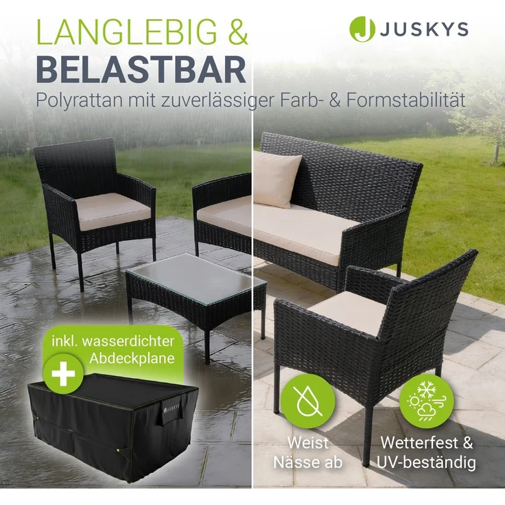 Juskys Polyrattan Gartenmöbel-Set Fort Myers schwarz inkl. Abdeckung – Sitzgruppe mit Tisch, Sofa & 2 Stühlen - Balkonmöbel für 4 Personen mit creme-weißen Auflagen – Bild 3