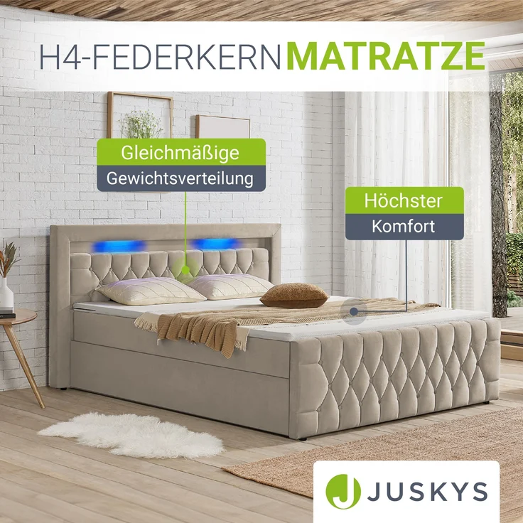 Juskys Boxspringbett Leona 140x200 cm - Bett mit LED Beleuchtung, Topper & H4 Federkern Matratzen - Einzelbett Beige mit Samt und Steppung – Bild 2