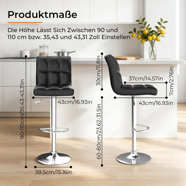 Botifly 2er Set Barhocker Schwarz Kunstleder Höhenverstellbar 60-80cm 360° Drehbar mit Fußstütze, SGS Zertifiziert für Küche Bar – Bild 6