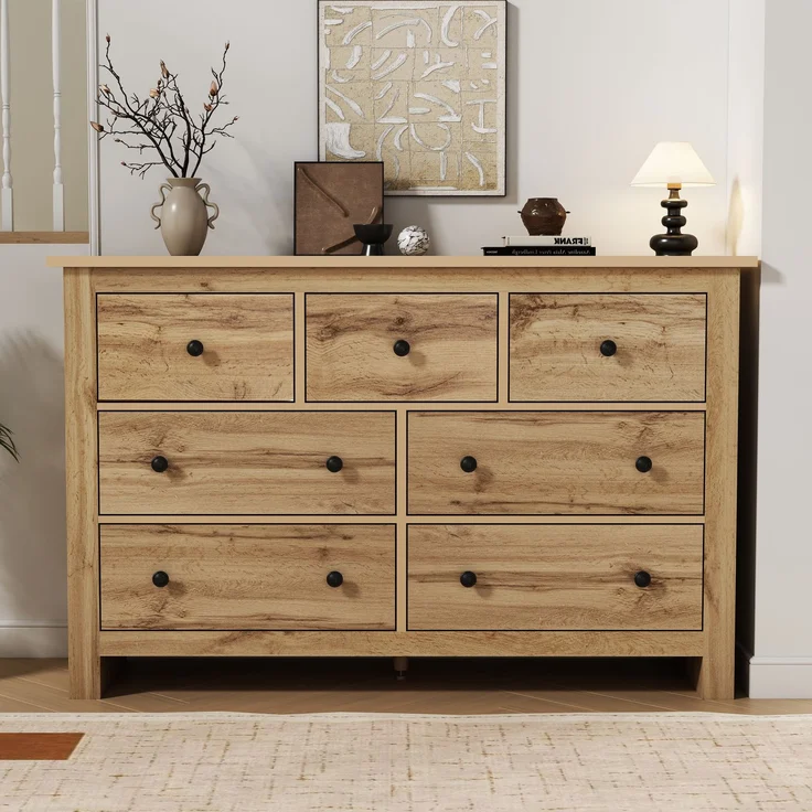 Sideboard Landhausstil Holzfarbe mit 7 geräuschlosen Schubladen, verstellbarer Mittelfuß, Kippsicherung, Stauraum – Bild 2