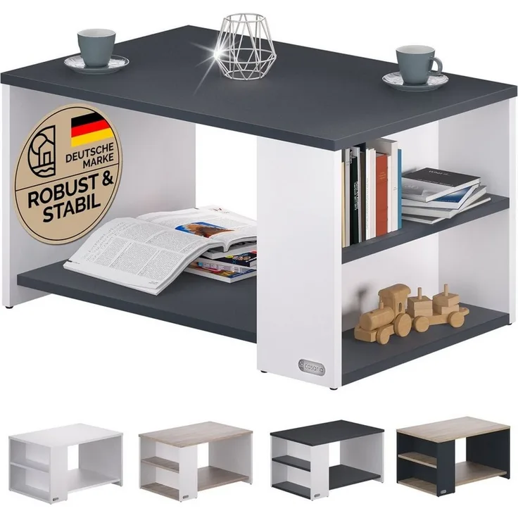 Casaria Couchtisch Santa Cruz, Holz Weiß Schwarz mit Stauraum 90x60x50cm 2 Ablagen Eckig Matt Modern