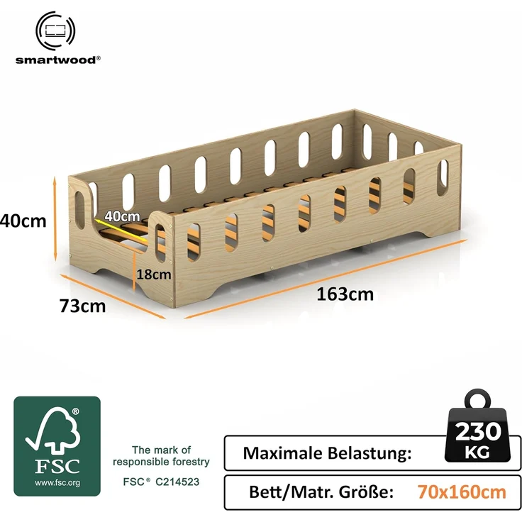 smartwood Kinderbett Bodenbett 70x160 mit Rausfallschutz & Lattenrost - Lackiert - Kinder Montessori Bett TILA 2B mit glatten Kanten - Betten für schnelle Montage - Bis 230 kg belastbar – Bild 2