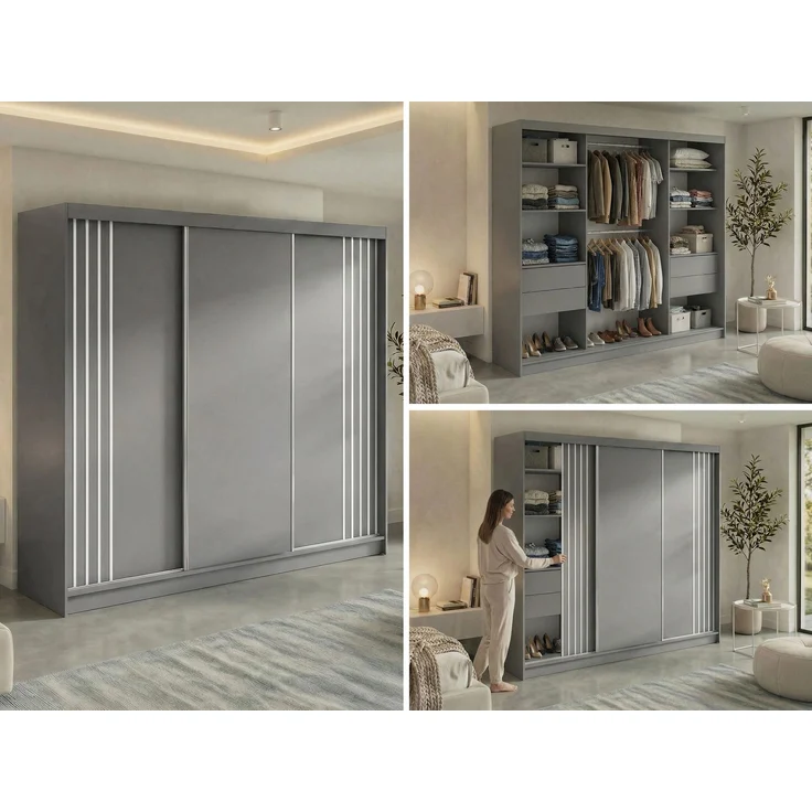 Schwebetürenschrank NAURU mit Lamellen-Optik, moderner Kleiderschrank, Breite 240 cm, inkl. Innenausstattung & Stauraum, Akustikpaneel-Design - Grau und Weiß - mit Schubladen – Bild 2
