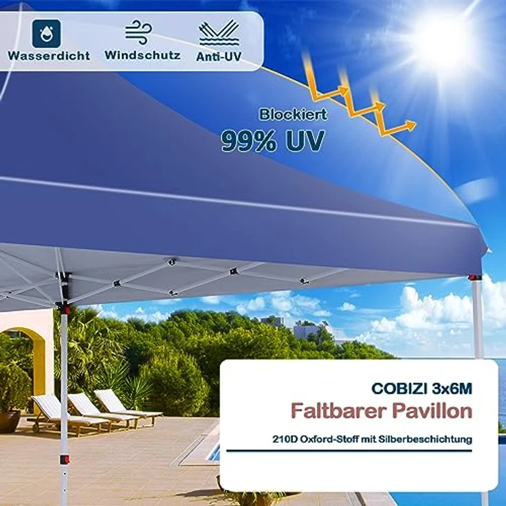 COBIZI Faltpavillon 3X6, Pavillon 3x6 m Wasserdicht Stabil Winterfest, Faltbar Partyzelt mit 6 Seitenwänden & 4 Sandsack Pop up Gartenpavillon Anti-UV für Hochzeiten, Freien, Marineblau – Bild 2