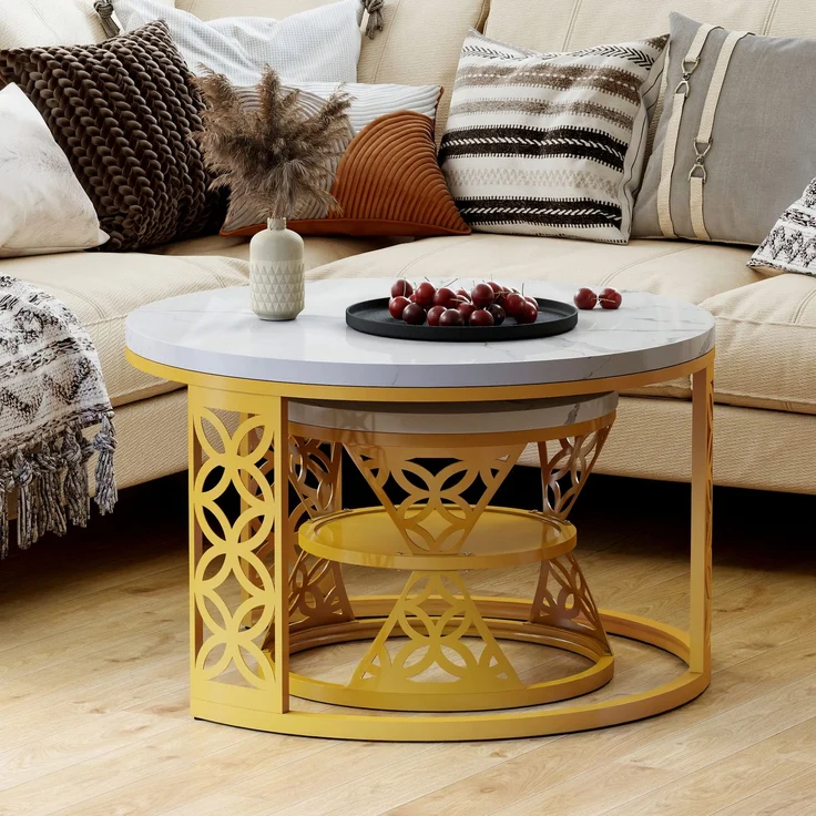 2er-Set runder Couchtisch aus Marmor-Furnier mit Kontrastdesign, nestbar, 70x70x45 cm + 45x45x37 cm – Bild 4