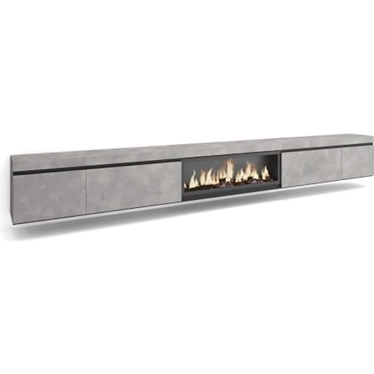 Skraut Home | TV-Schrank, Lowboard | für Wohnzimmer und Esszimmer | 368x45x35 | Elektrokamin XXL| Hängend | Moderner Stil | Zement