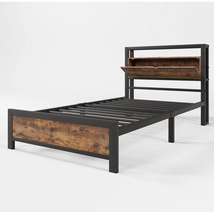 Metallbett mit Stauraum-Kopfteil & Lattenrost, 100x216x95 cm, Natur, ohne Matratze – Bild 10