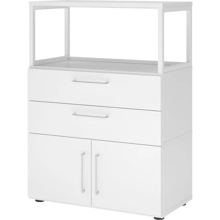bümö flexi Schrank mit Flügeltüren, Regal & 2 Schubladen in weiß, Büroschrank mit werkzeuglosem Schnellmontage-Klicksysten in modularer Bauweise, FW38K1RG-W-W-BS