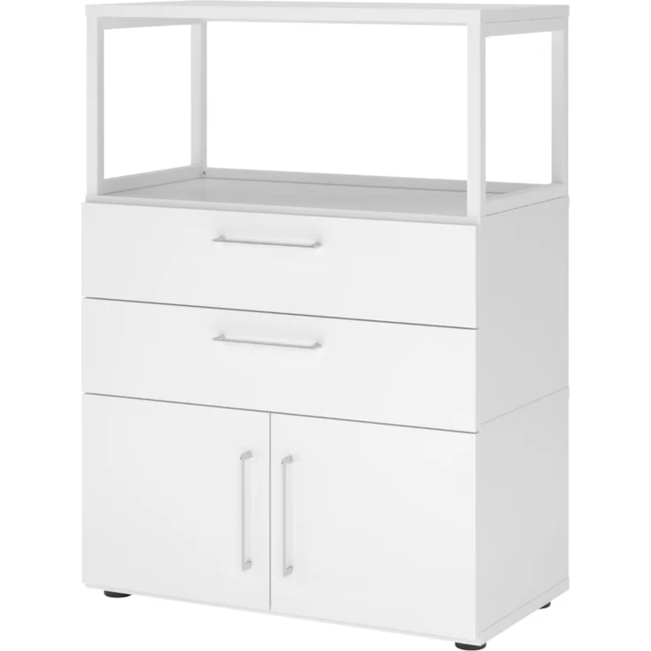 bümö flexi Schrank mit Flügeltüren, Regal & 2 Schubladen in weiß, Büroschrank mit werkzeuglosem Schnellmontage-Klicksysten in modularer Bauweise, FW38K1RG-W-W-BS