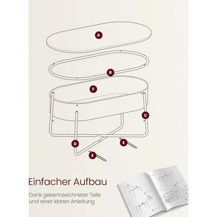 VASAGLE Couchtisch oval, Tisch mit Stauraum, Beistelltisch, Wohnzimmertisch mit Korb aus Stoff, modern, Metallrahmen, mattweiß-Kamelbraun LCT222W10 – Bild 7