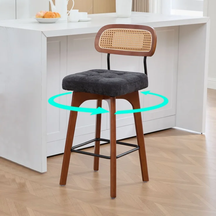 2er-Set um 360° drehbare Barhocker, Küchen- und Frühstücksbarhocker mit Rückenlehne, Rückenlehne aus Rattan mit gepolsterter Sitzfläche, Barhocker im modernen Mid-Century-Stil(schwarz, Chenille-Stoff--Schwarz--51x44x96cm--YOUDENOVA – Bild 1