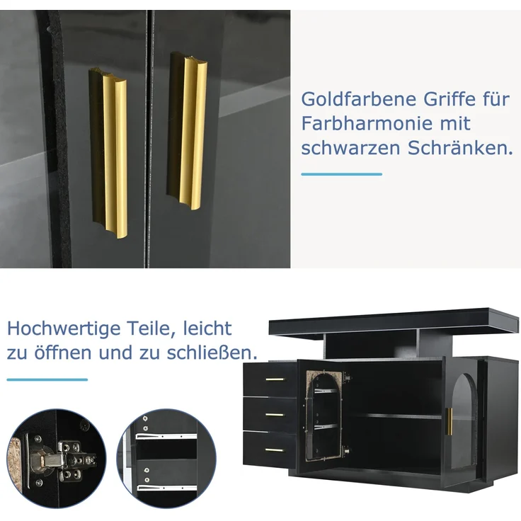 DESVIAE Sideboard mit RGB-LED-Beleuchtung und 3 Schubladen 120x80x40 cm Spanplatte Schwarz – Bild 6