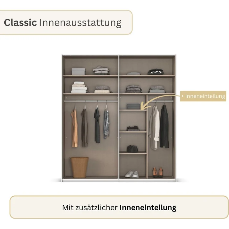 rauch Drehtürenschrank Kleiderschrank Schrank Garderobe Wäscheschrank BESTSELLER MONTCLAR (3 Ausstattungen BASIC/CLASSIC/PREMIUM (SOFT-CLOSE), Breiten 201-400 cm) Front in Glas/Hochglanz/Dekor/Grauspiegel in 5 Breiten MADE IN GERMANY – Bild 3