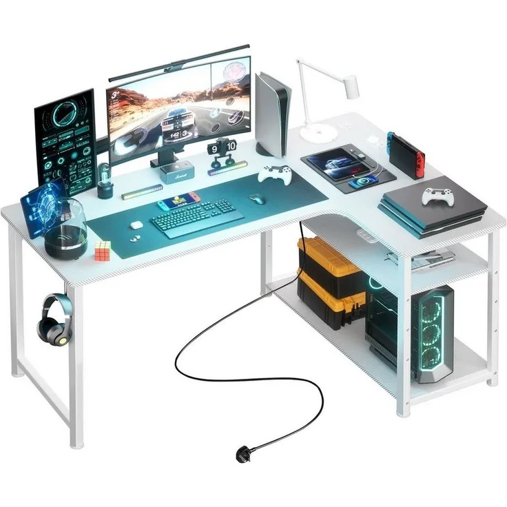 GTPLAYER Gamingtisch Eckschreibtisch Schreibtisch mit Regal USB-Ladeanschluss und Steckdose (1 Tisch), 120cm Computertisch L Form, PC Tisch für Büro, Heimbüro