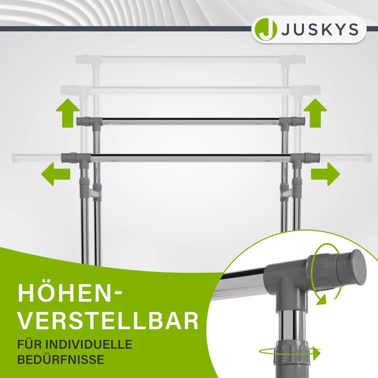 Juskys Metall Kleiderständer auf Rollen - Ständer mit 2 Stangen & Ablage - mobiler Garderobenständer - Kleiderwagen stabil - Kleiderstange Silber – Bild 6