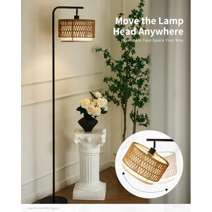 LuminexDesigns Rattan Stehlampe Boho für Wohnzimmer, Vintage Rustic E27 Stehleuchte Schlafzimmer mit Doppel-Lampenschirm, 173 cm Hoch, Schwarz, Schwer Standfuß, Verstellbarer Lampenkopf, Fußschalter – Bild 4