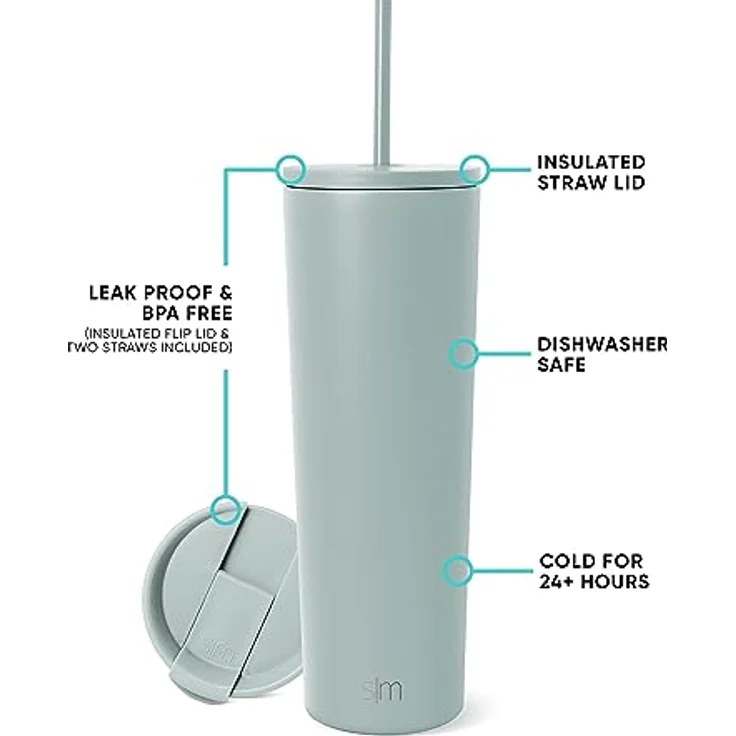 Simple Modern Thermobecher mit Strohhalm und Deckel | Trinkbecher mit Henkel Wiederverwendbare Edelstahl | Geschenke für Frauen und Männer | Classic | 830ml | Sea Glass Sage – Bild 3