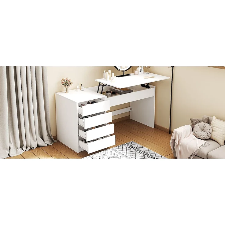 ZUBALIYA 120×50×78–92cm, höhenverstellbarer Schreibtisch mit 4 Schubladen – weißer Schminktisch und Computertisch in einem, mit manueller Höhenverstellung und verstecktem Stauraum, Schreibtisch, Schminktisch – Bild 21