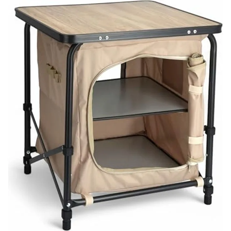Spetebo Campingtisch 2-in-1 Stoff Campingschrank beige - 53 x 48 cm (Artikel, 1-St, inkl. Tragetasche), faltbar mit Tischplatte in Holz Optik