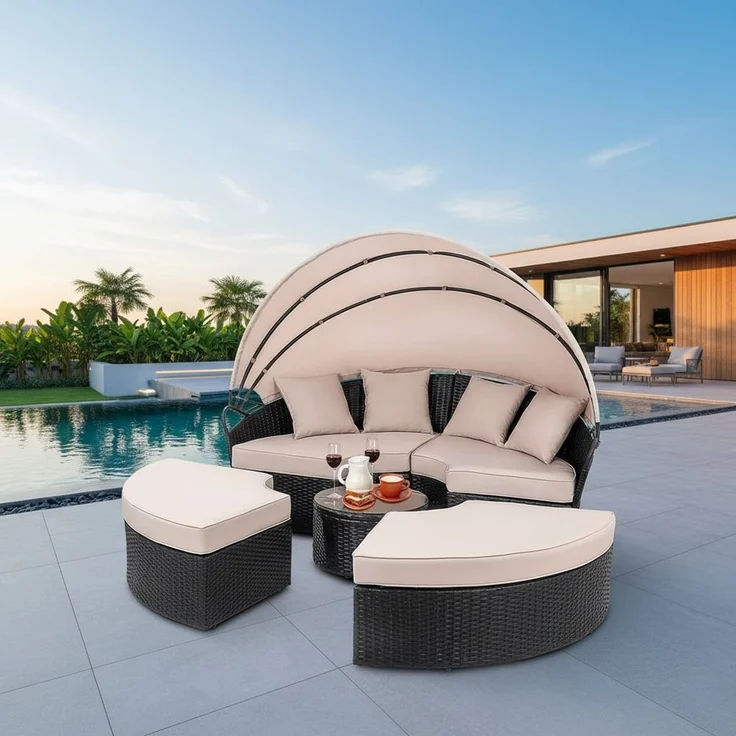 Polyrattan Sonneninsel 180cm Gartenmuschel Sonnenliege Loungebett schwarz/creme – Bild 6