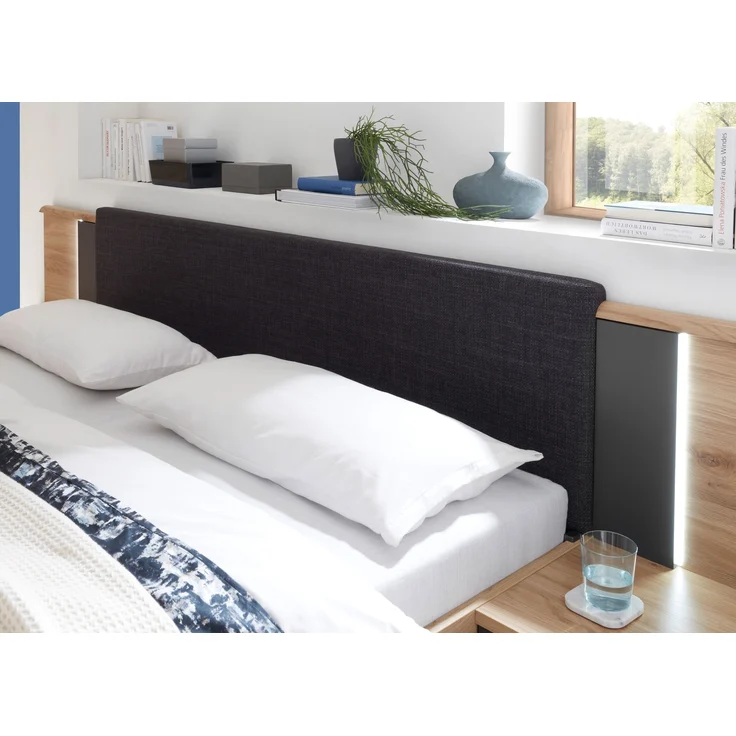 Bettanlage >Aschau< LED, 2 Schübe, Mauvella Eiche Dekor / Graphit - 305x93x210cm (BxHxT) – Bild 5