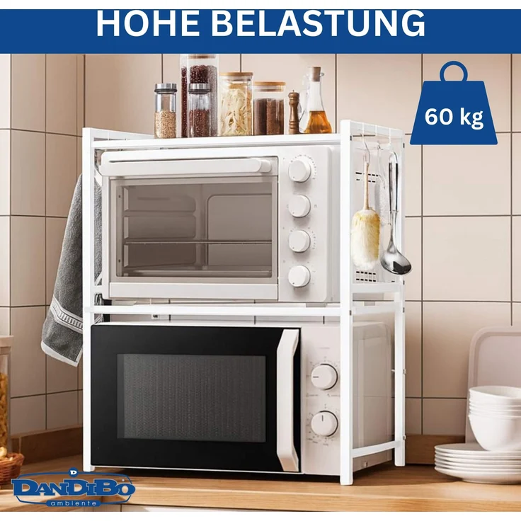 DanDiBo Verstellbares Mikrowellenregal Weiß 3 Stufig 40-64 cm Mikrowellen Regal 96684 Stehend Mikrowellenständer Küchenregal – Bild 4