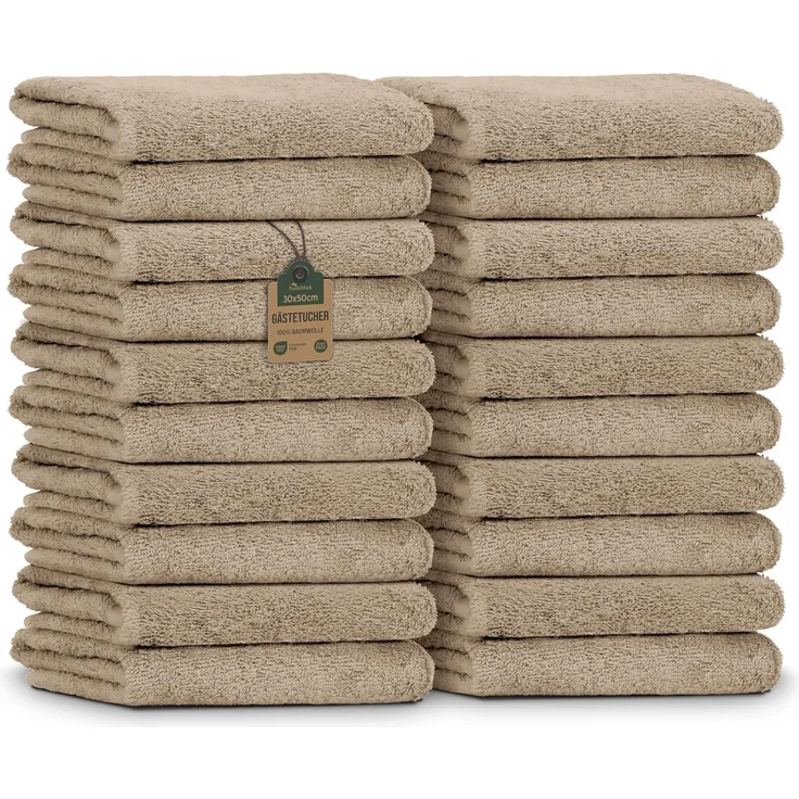 NatureMark 20er Spar-Pack Frottier Gästetücher, 30x50 cm, 100% Baumwolle, Sand Beige – Bild 1