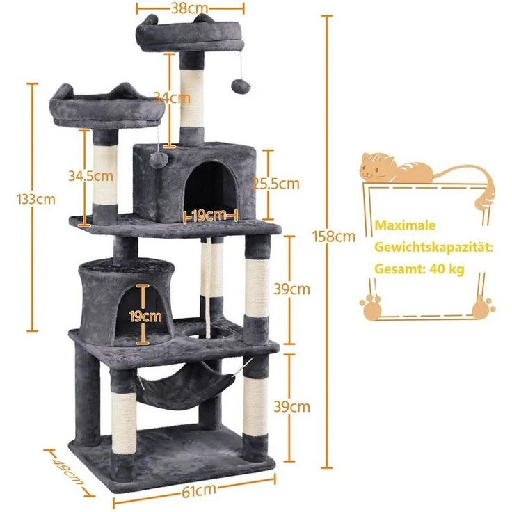 Yaheetech Kratzbaum 158/179/181 cm (H), Katzenbaum Kletterbaum 2 Aussichtsplattformen & 2 Höhlen & Hängematte – Bild 3