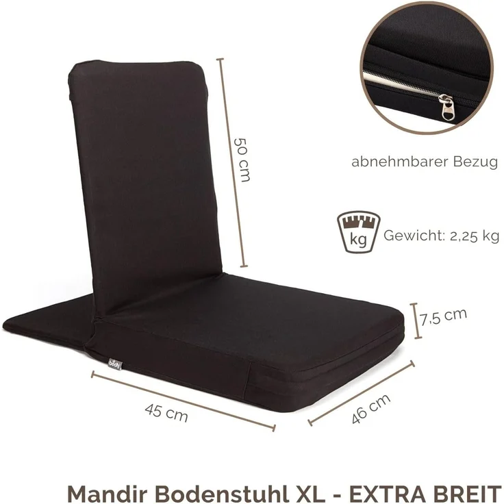Bodhi Mandir Bodenstuhl XL | Meditationsstuhl mit dickem Sitzkissen | Komfortabler Bodensessel mit gepolsterter Rückenlehne | Waschbarer Bezug | Ideal für Freizeit, Yoga & Meditation (black) – Bild 2