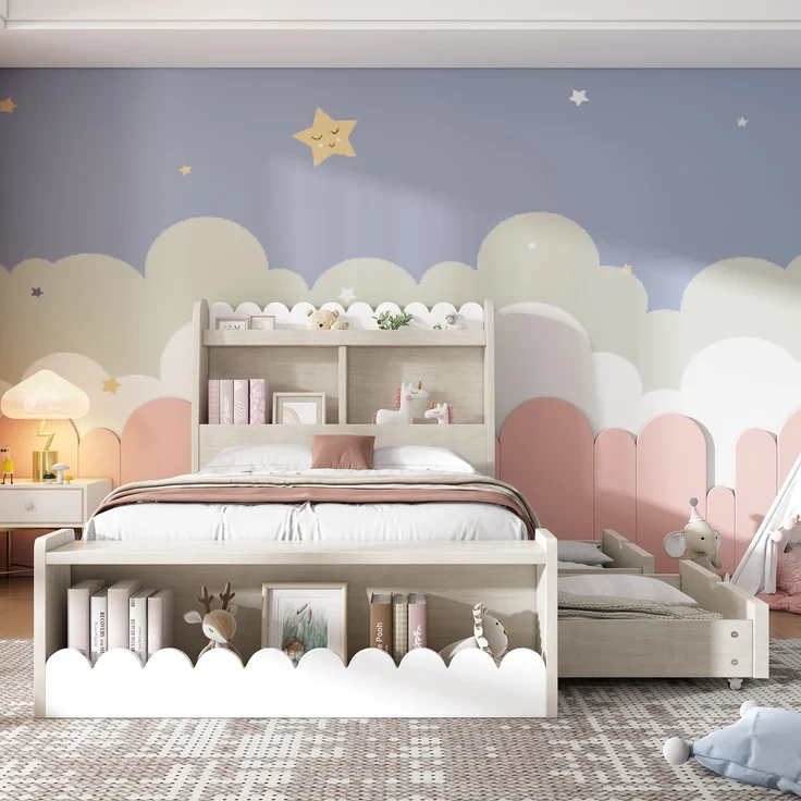 Kinderbett Massivholz/MDF mit 2 Schubladen & Regal, 240x98x100 cm, Weiß/Eichefarben, ohne Matratze – Bild 2