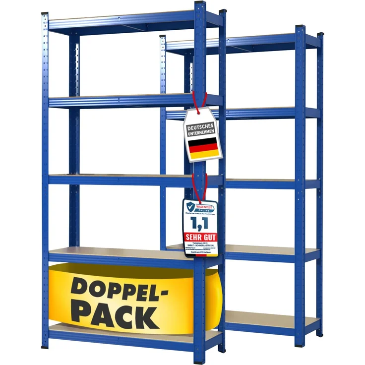 etm Schwerlastregal 2-er Pack 150 x 75 x 30 cm blau | Steckregal, Lagerregal, Standregal, Stecksystem ohne Werkzeug montierbar (Lakota, blau)