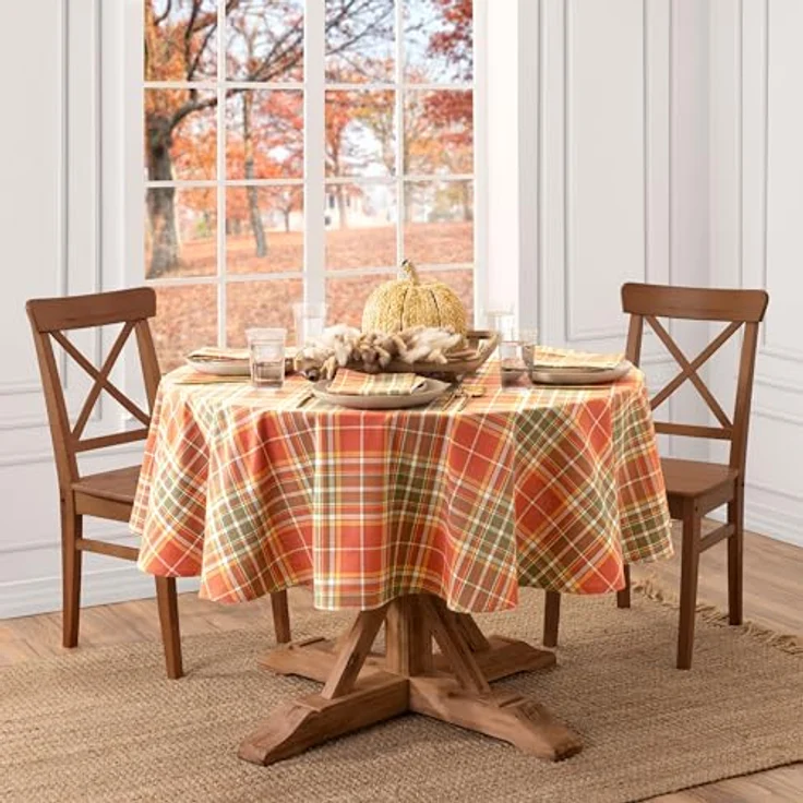Elrene Home Fashions Hawley Plaid Tischdecke für Herbst/Ernte/Erntedankfest, Baumwolle, rund, 178x177,8 cm – Bild 2