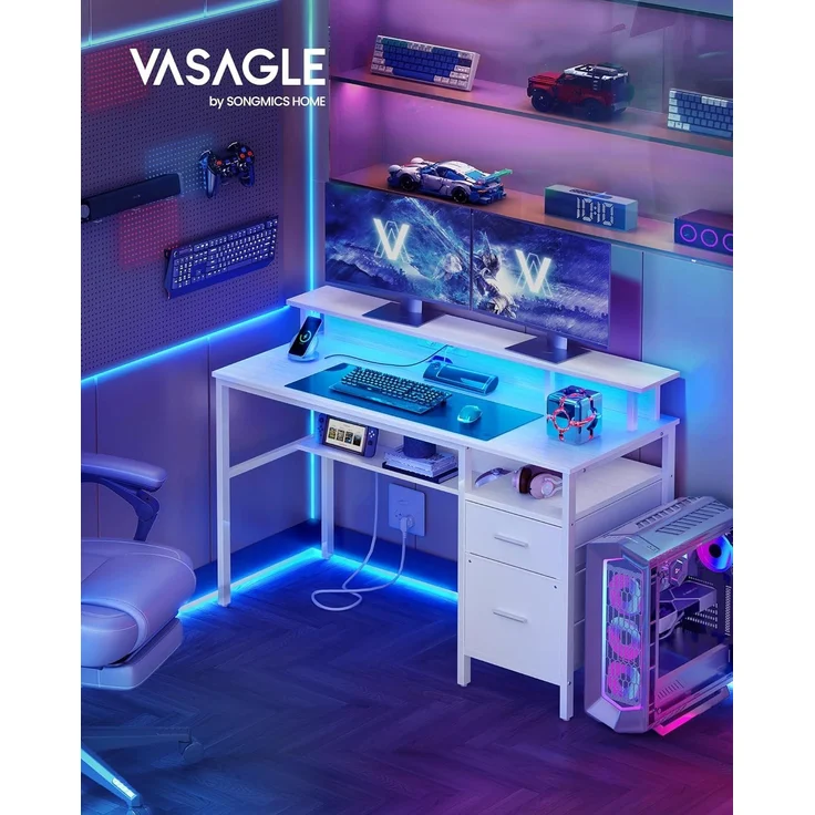 VASAGLE Schreibtisch mit Stoff-Schubladen, Computertisch mit Monitorständer, LED-Beleuchtung, 55 x 135 x 90 cm, eingebaute Steckdosen, 2 USB-A-Anschlüsse, für Homeoffice, ahornweiß LWD094W01 – Bild 2