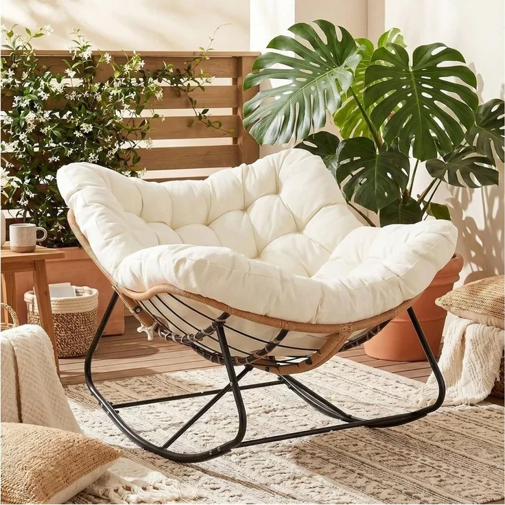 TLGREEN Schaukelstuhl mit Rattan,elegante Eiform, leiser Schaukelkomfort,dickem Abnehmbar Polster & Metallrahmen, Belastung von 150kg