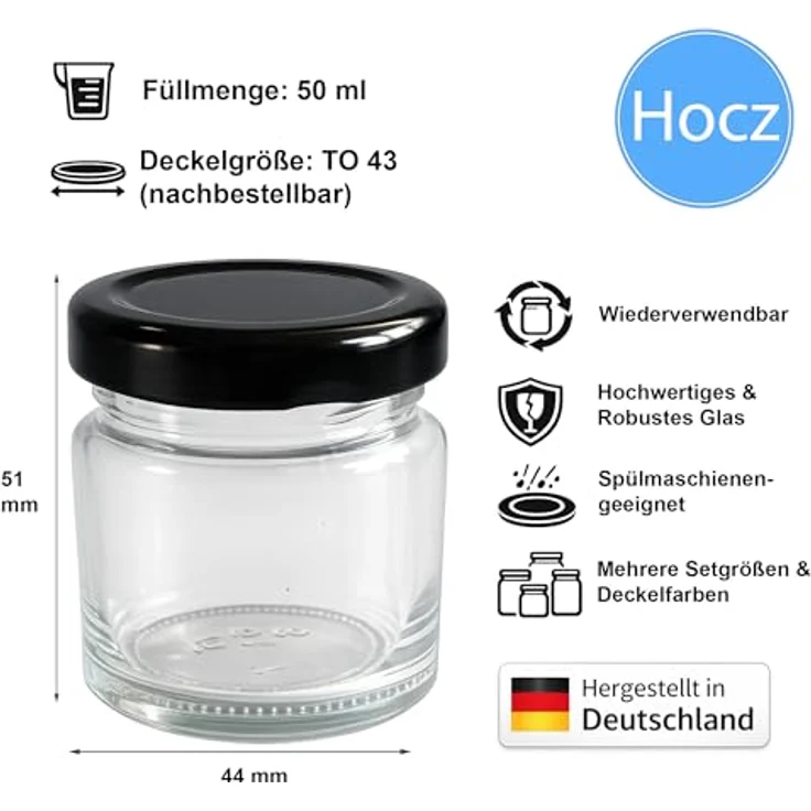hocz 25x Mini Marmeladengläser 50 ml | mit Deckel Schwarz TO 43 | kleine Einmachgläser mit Schraubdeckel zum befüllen | Schraubgläser, Sturzgläser Set | leere Gläser für Marmelade | 25 Stück – Bild 2
