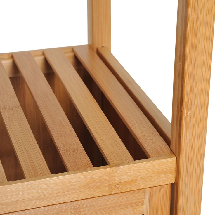 Badschrank 36 x 33 x 140 cm aus Bambus, 3 offene Fächer und Lamellentür – Bild 7
