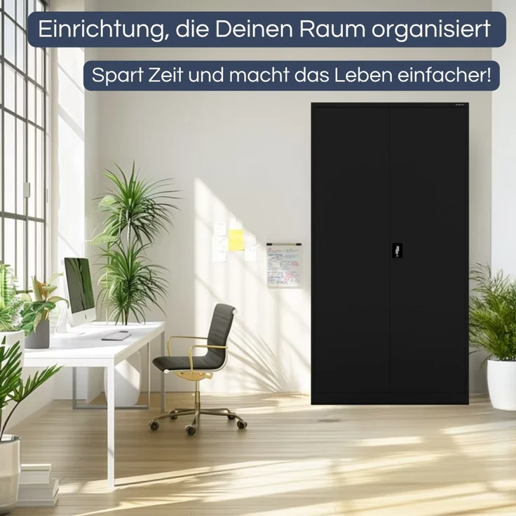 Aktenschrank abschließbar KADO - 6 Ebenen verstellbar, Flügeltüren | Metallschrank Werkstatt Mehrzweckschrank Büroschrank aus Stahl Werkzeugschrank, 220 x 115 x 40 cm Schwarz – Bild 3